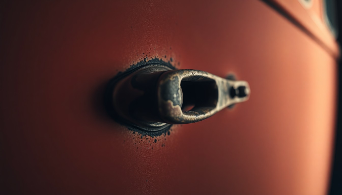 An extreme macro photograph of a rugged, textured van door handle, its worn surface and high-contrast lighting evoking a sense of the gritty, lived-in experiences that shaped the band's sound and identity.