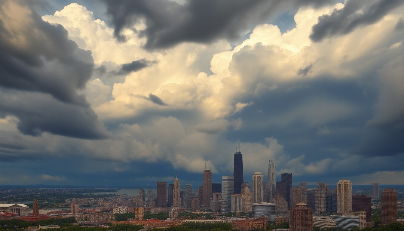 A sweeping, atmospheric landscape painting depicting a dramatic, stormy sky over the Chicago skyline. The city's iconic buildings are dwarfed by the overwhelming scale of the weather, conveying the sublime power of nature.