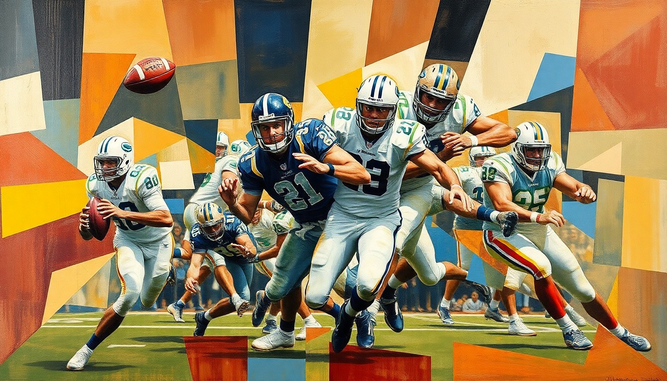 A cubist-style painting depicting a college football pass rush, with the player's movements and the ball's trajectory broken down into sharp, overlapping geometric shapes in a variety of colors.