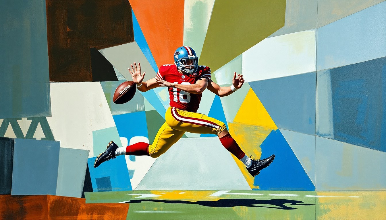 A fragmented, geometric painting depicting a football player in motion, with various perspectives and planes of the body and field overlapping to create a dynamic, abstract composition.