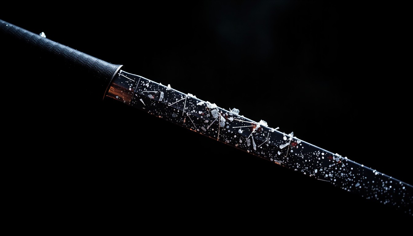 An extreme close-up photograph of a shattered, glittering martial arts weapon, such as a samurai sword or nunchaku, against a dark, velvety background, capturing the gritty, high-stakes essence of Sonny Chiba's iconic action films.