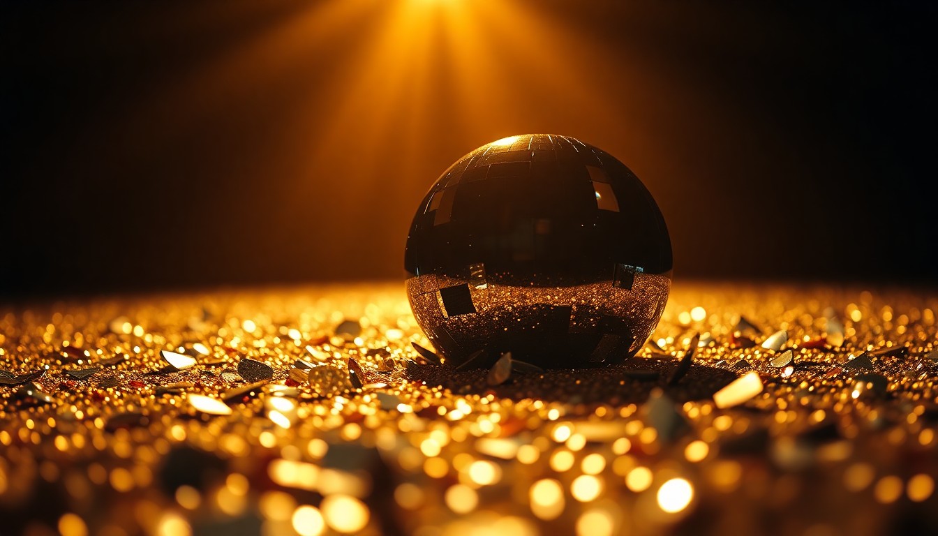 An extreme close-up of shimmering, high-contrast sequins and shattered glass, creating a visually striking and abstract representation of the glamour and energy of Hollywood premieres.