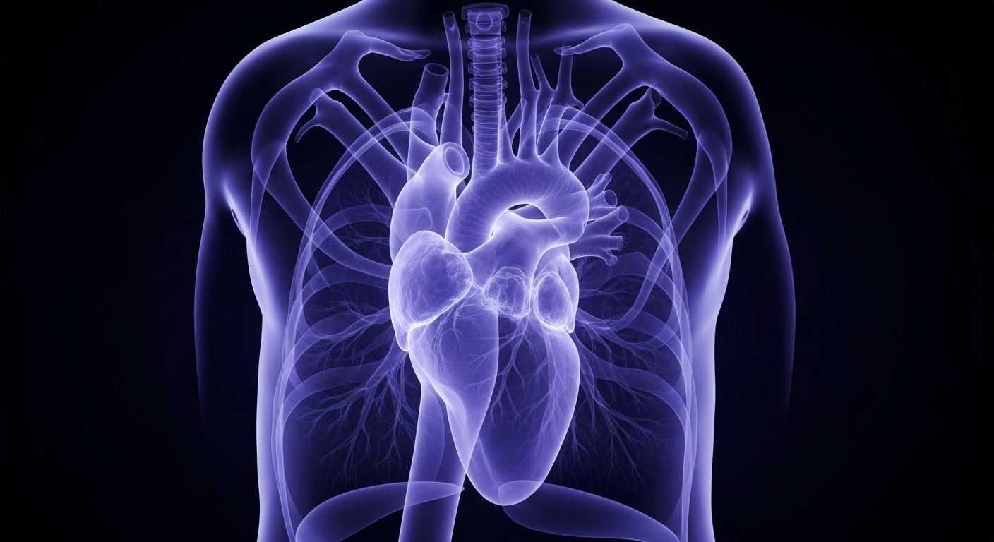 A ghostly, translucent X-ray image revealing the internal structures of a human heart and lungs, rendered in shades of blue and purple against a dark background, conveying a sense of clinical insight and biological wonder.