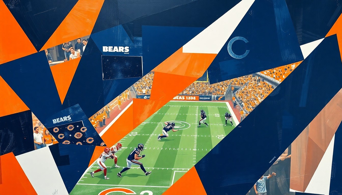 A fractured, geometric painting depicting a football game, with sharp planes of navy blue, orange, and white representing the Chicago Bears. The abstract, cubist style captures the complexity of the team's backup QB dilemma.