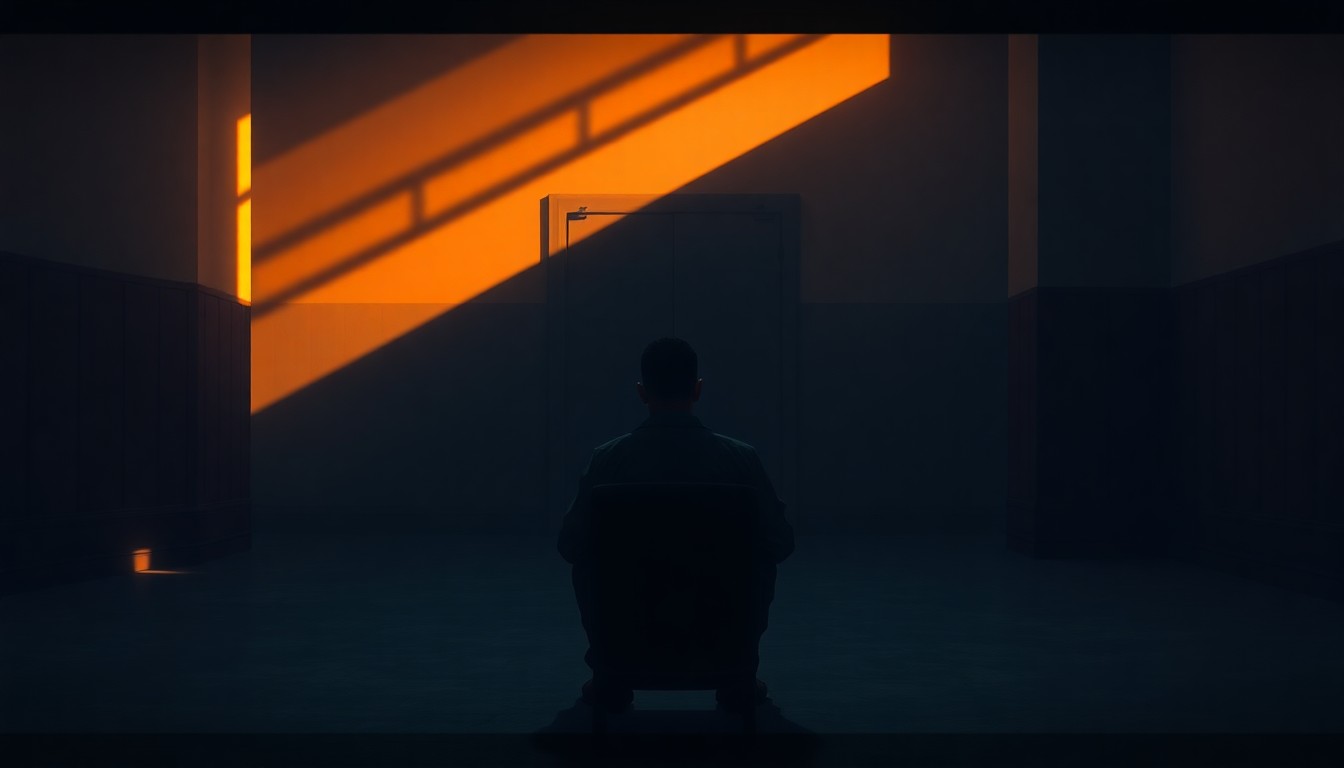 A solitary immigrant detainee sits alone in a dimly lit immigration court room, the space bathed in warm, diagonal sunlight and deep shadows, conveying a sense of isolation and vulnerability.