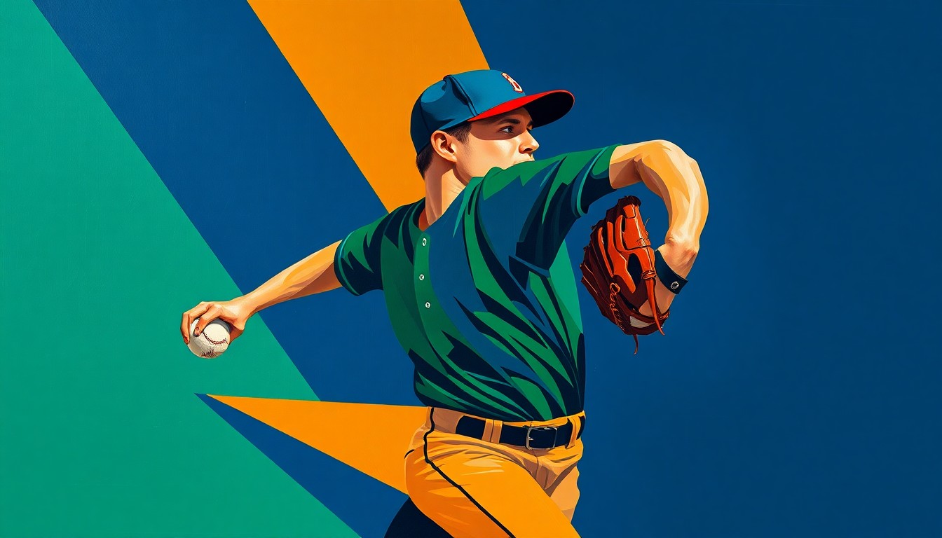A cubist-style painting depicting a baseball pitcher's delivery broken down into overlapping geometric shapes in shades of blue, green, and orange, conveying the dynamic motion and power of the pitcher's slider pitch.