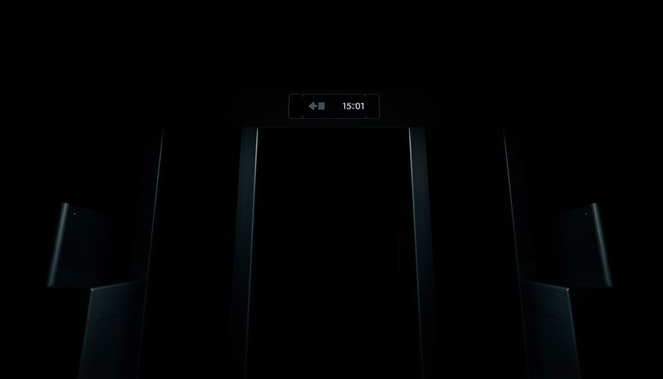 An extreme close-up photograph of a metal security checkpoint barrier, lit by a harsh, direct camera flash against a pitch-black background, creating a stark, gritty, investigative aesthetic.