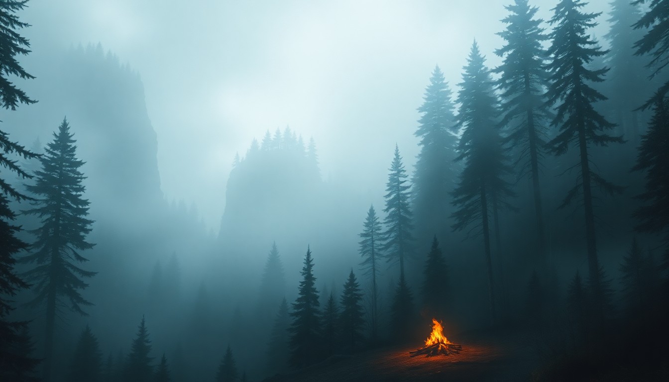A serene, atmospheric landscape painting in muted greens, grays, and blues, depicting a dense, fog-shrouded forest with a small campfire glowing in the distance, conveying the overwhelming scale and power of nature.