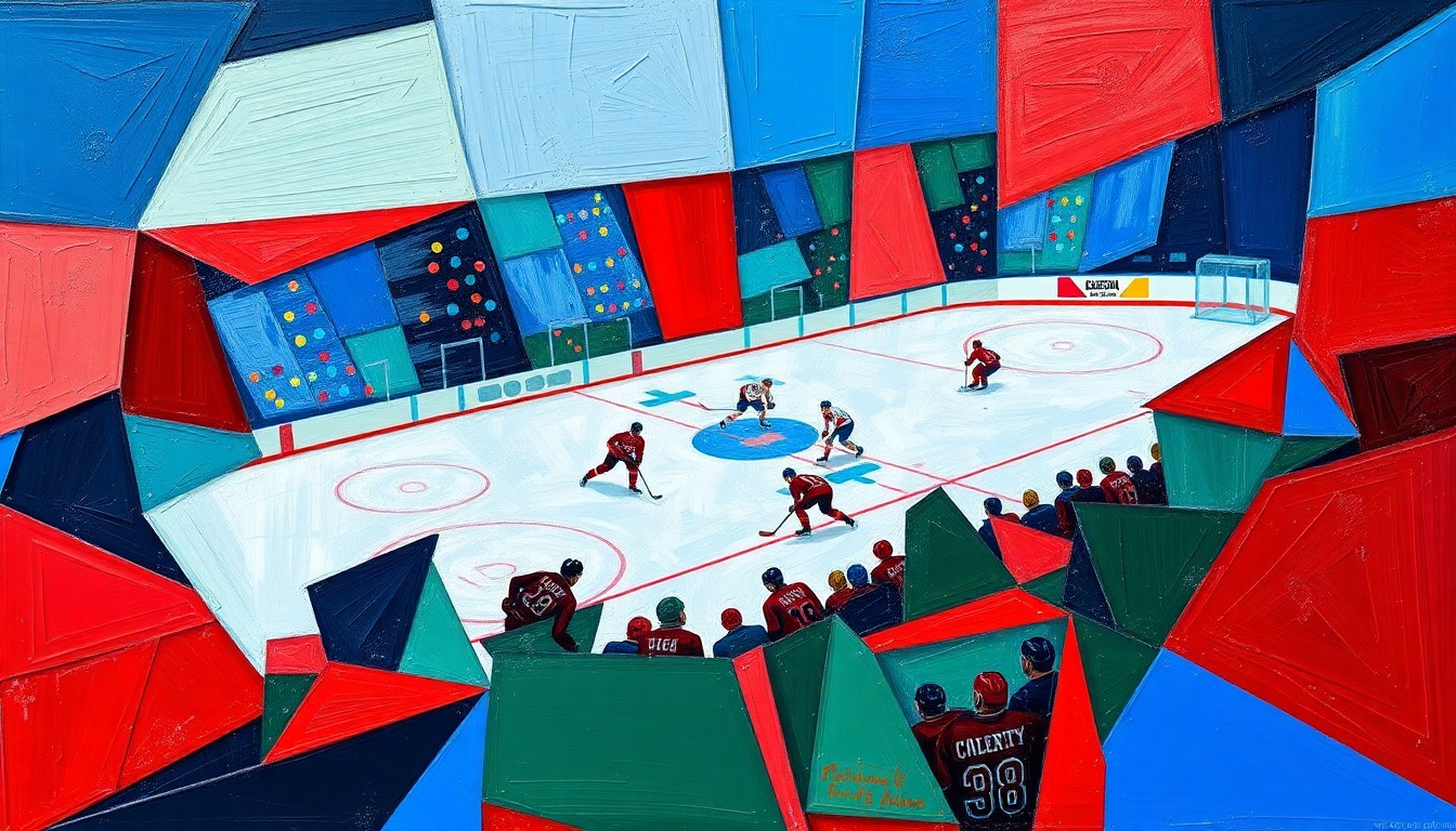 A cubist, geometric painting depicting a hockey game, with sharp, overlapping planes of color representing the dynamic action on the ice.