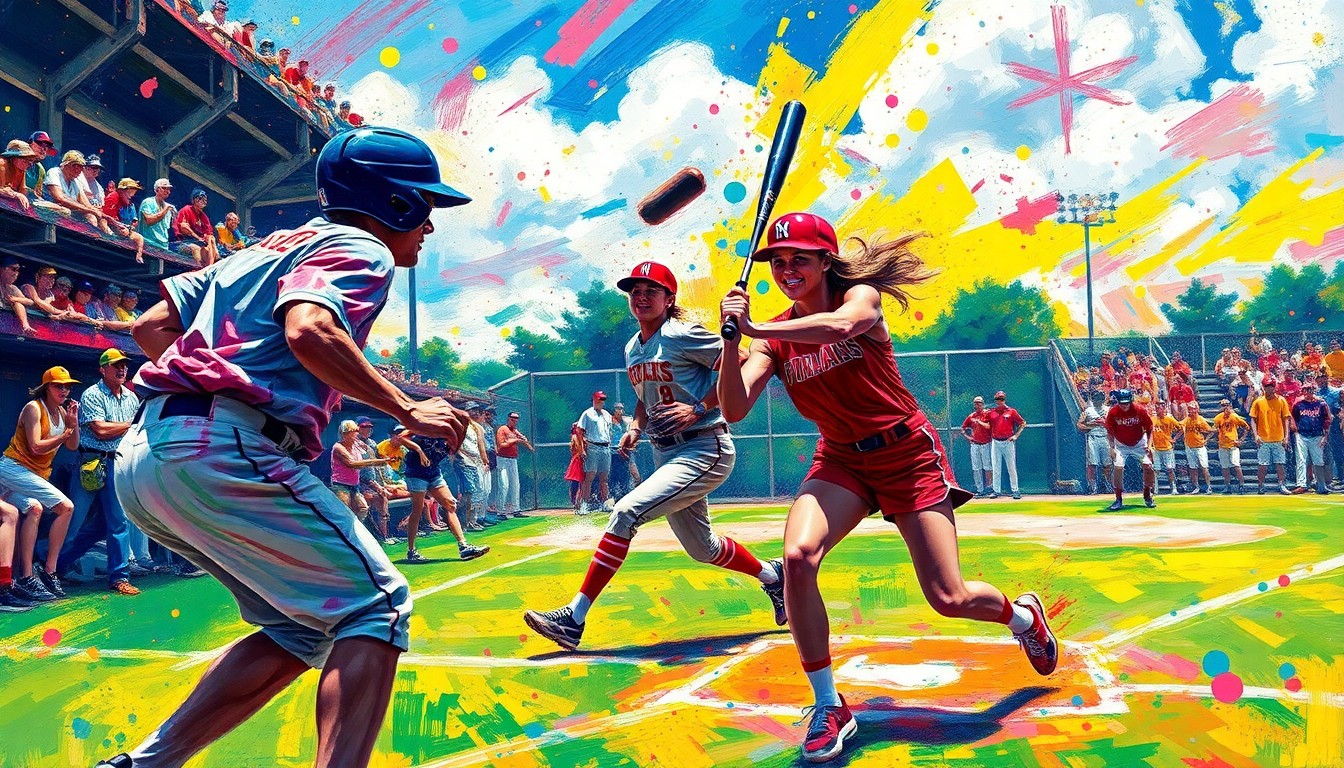 A dynamic, abstract painting in bold neon colors representing the intense energy and competitive spirit of a high school softball game, with players' movements and the crowd's enthusiasm captured through vibrant, expressive brushstrokes.