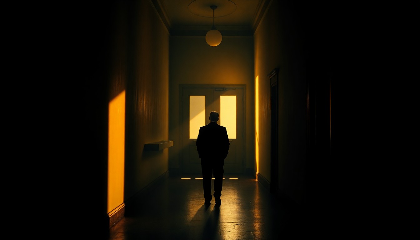 A cinematic painting in the style of Edward Hopper, depicting a solitary figure standing alone in a dimly lit government building hallway, bathed in warm, diagonal sunlight and deep shadows, conceptually representing the thoughtful exploration of America's global role.