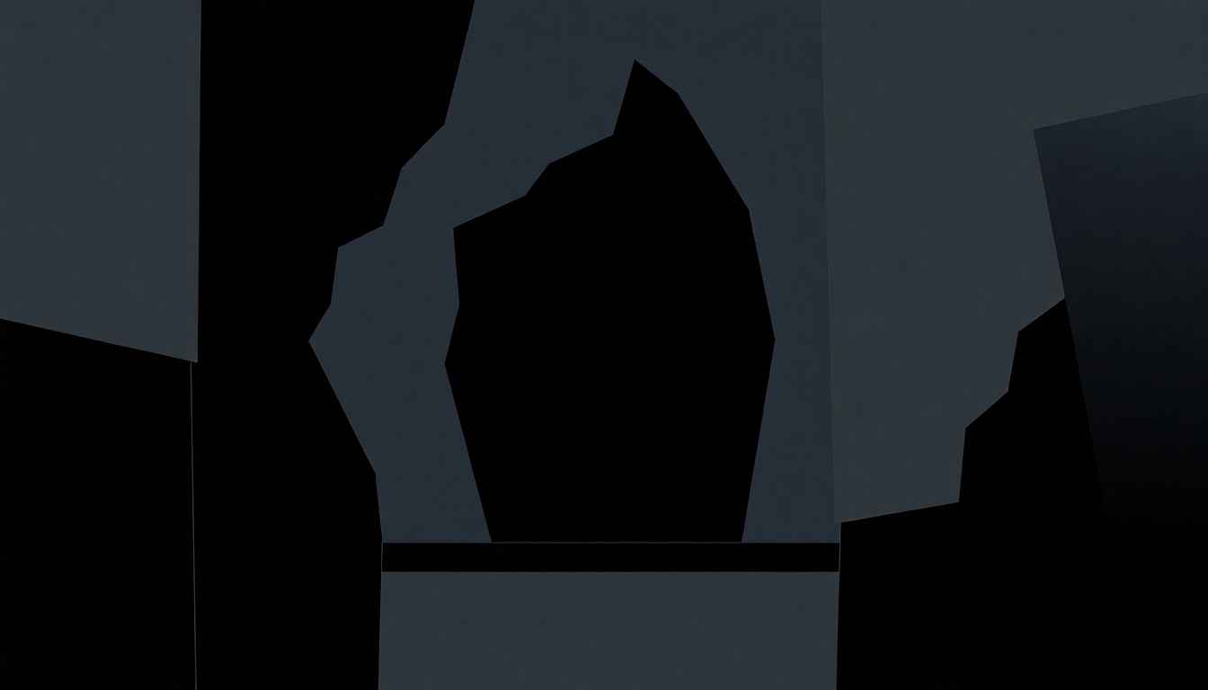 A minimalist, abstract illustration in the style of Saul Bass, featuring stark black silhouettes and geometric shapes in muted blues and grays with a single accent of bright red, conceptually representing the theatrical staging of Lily Allen's 'West End Girl' album.