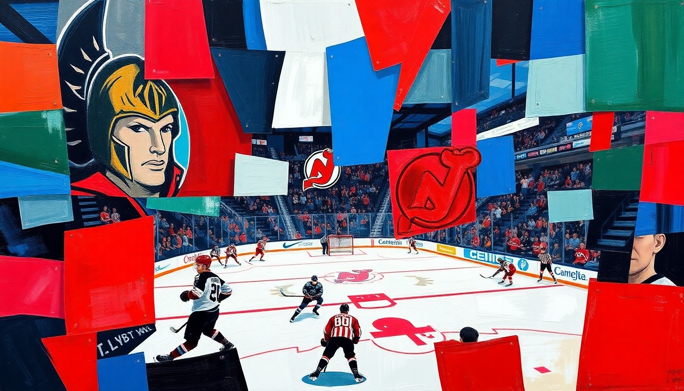 A fractured, cubist-style painting depicting the action and energy of a hockey game between the Ottawa Senators and New Jersey Devils, with sharp geometric shapes and planes of vibrant colors.