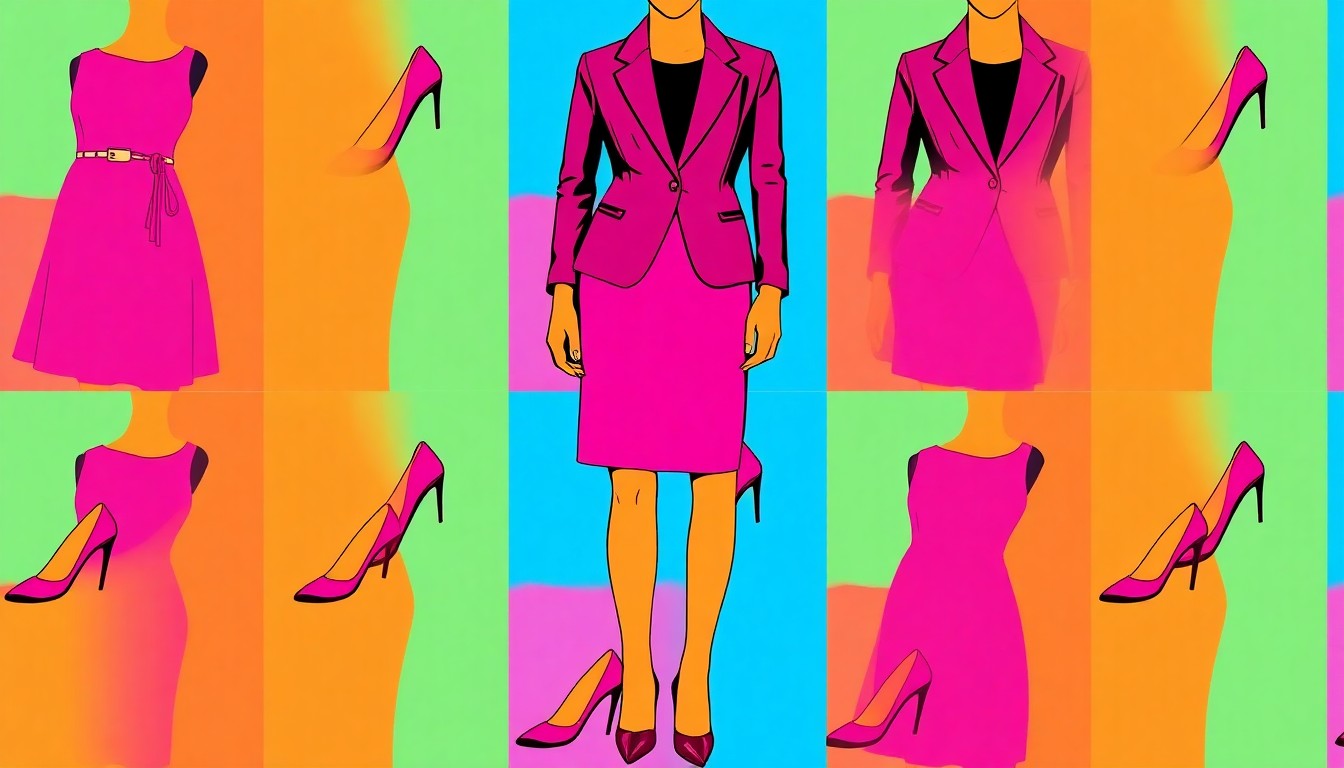 A brightly colored, high-contrast silkscreen print of a single, iconic cocktail dress repeated in a tight grid pattern, capturing the fashion-forward energy of the Los Gatos Chamber of Commerce gala.