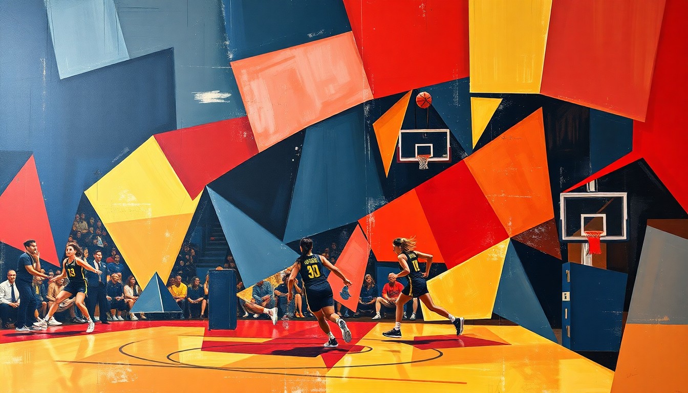 A cubist-style painting depicting the fragmented movements and perspectives of a women's basketball game, with sharp geometric shapes in shades of red, blue, and gold.
