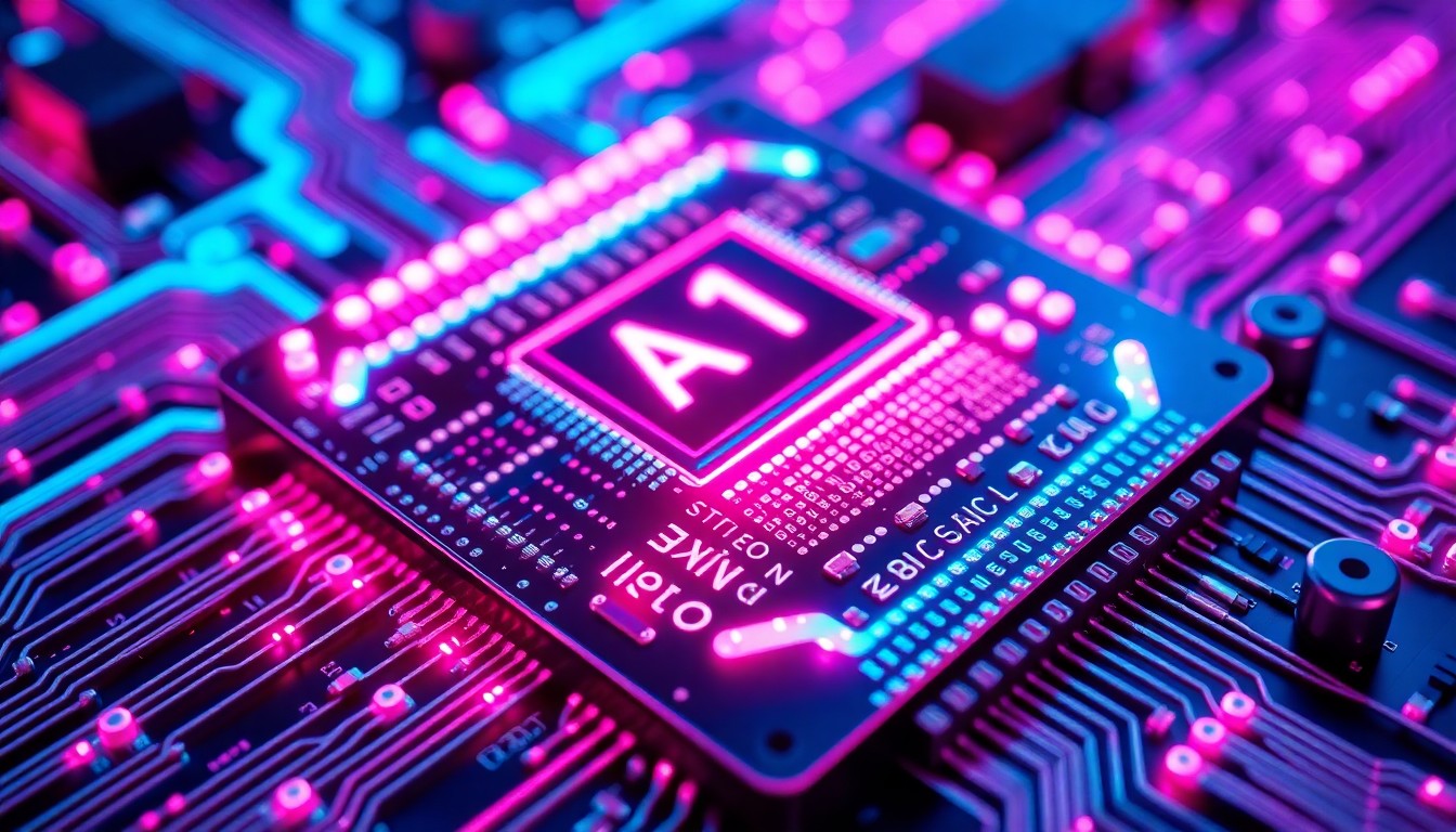 A highly detailed, glowing 3D macro illustration of a futuristic AI processor chip or neural network hardware, with neon cyan and magenta lights illuminating the intricate circuitry and components, conceptually representing the advanced technology powering Meta's new Muse Spark AI model.