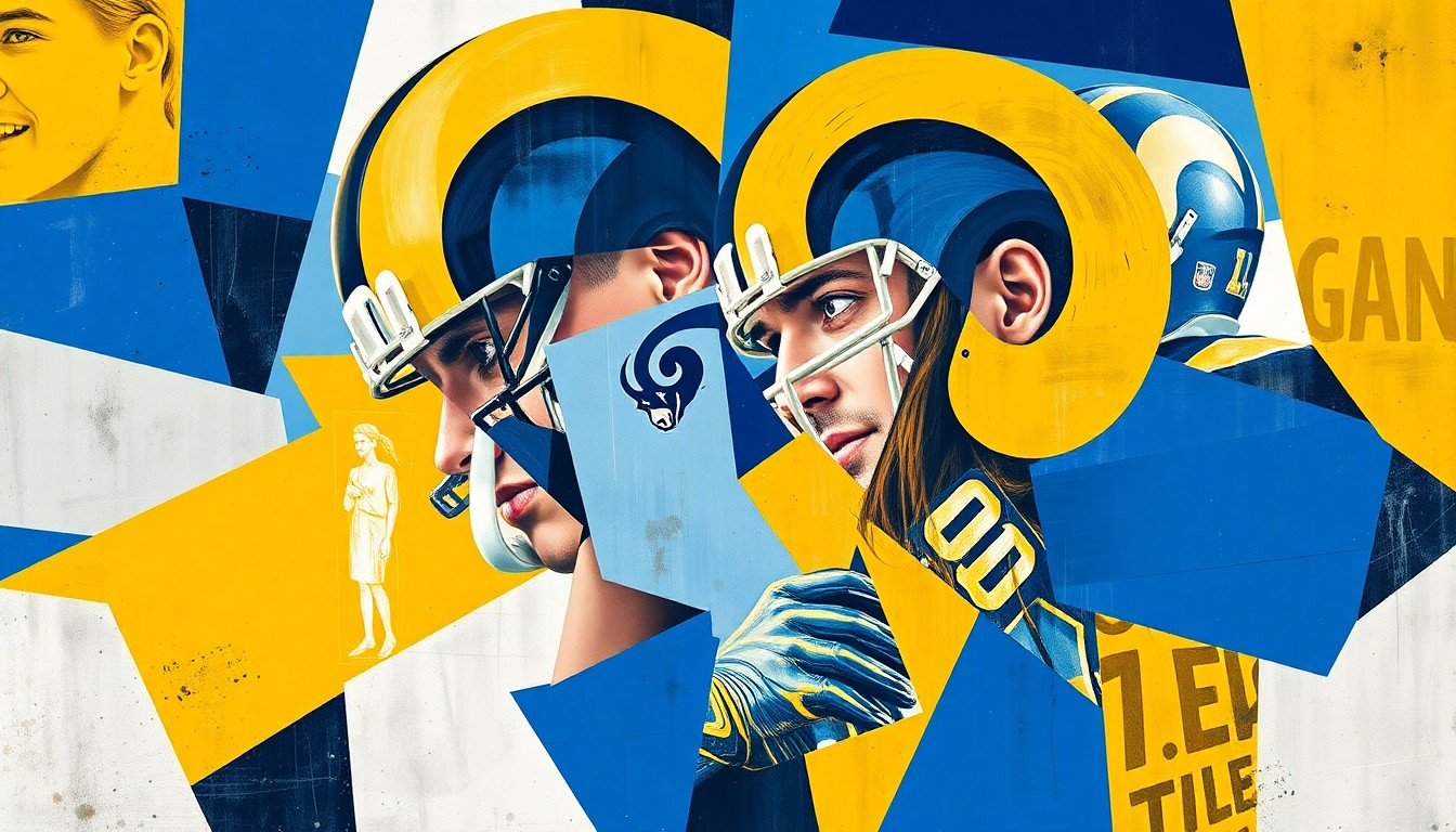 A cubist, geometric painting depicting fragmented images of Rams players and moments, including a running back bursting through the line, a defensive lineman sacking a quarterback, and an offensive lineman blocking. The images are broken down into sharp, overlapping planes of blue, gold, and white, capturing the dynamic energy and success of the Rams' first-round draft picks.