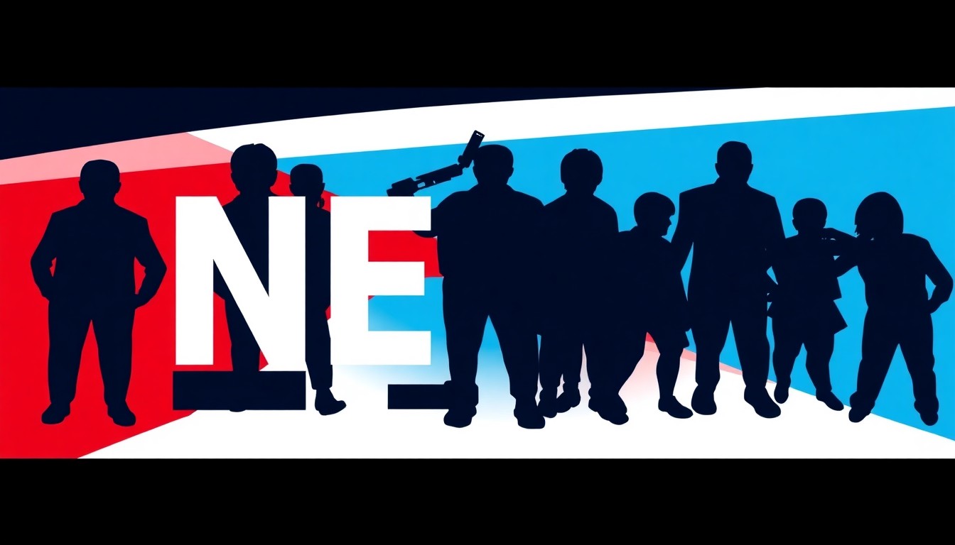 An abstract, geometric composition of overlapping black silhouettes in shades of blue, red, and white, representing the concept of a local TV news station receiving industry accolades.