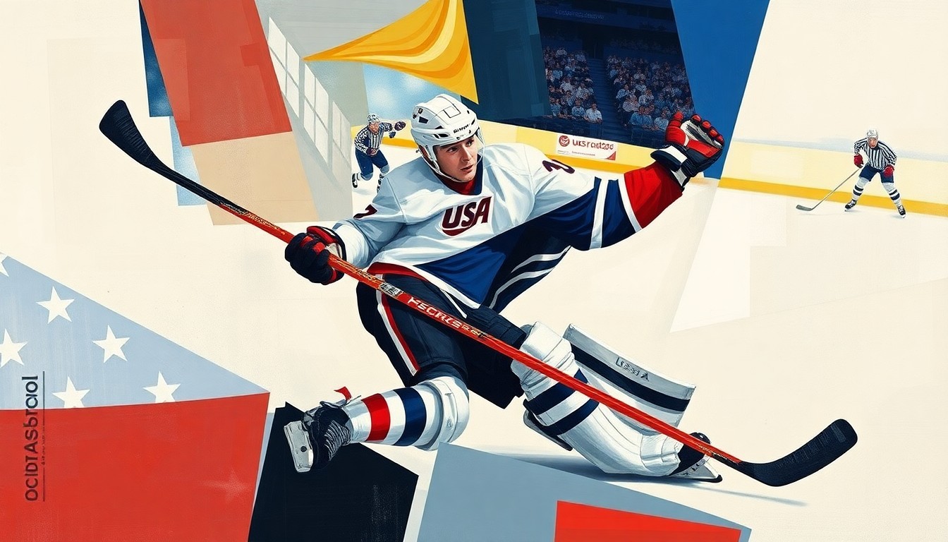 A fractured, multi-perspective painting in cubist style, breaking down a hockey player's defensive play into sharp, overlapping geometric planes to capture the intensity and importance of the moment.