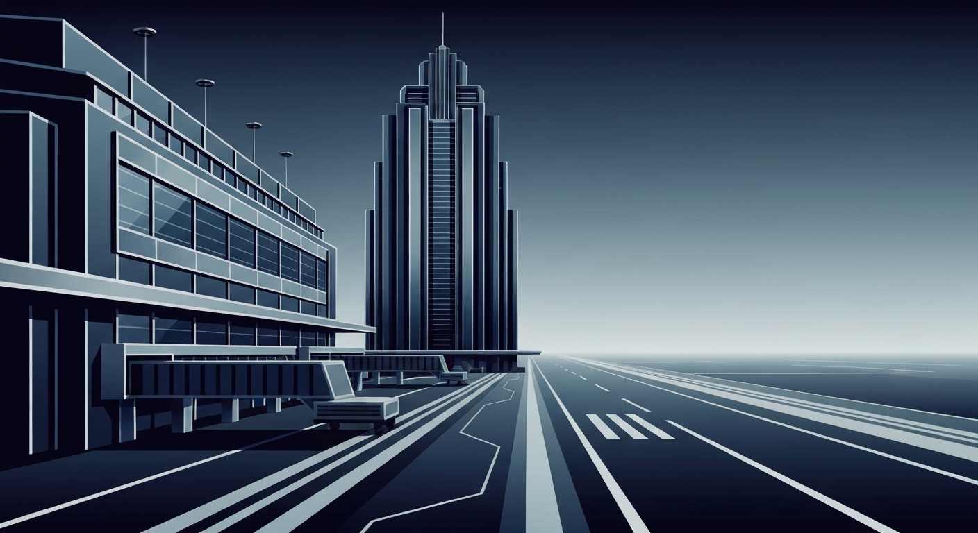A bold, geometric illustration in the Art Deco style, depicting a sleek, towering airport terminal building with a long, sweeping runway extending into the distance, rendered in a high-contrast color palette of deep blues, grays, and metallic accents, capturing the grand scale and modernist aesthetic of the planned airport expansion project.