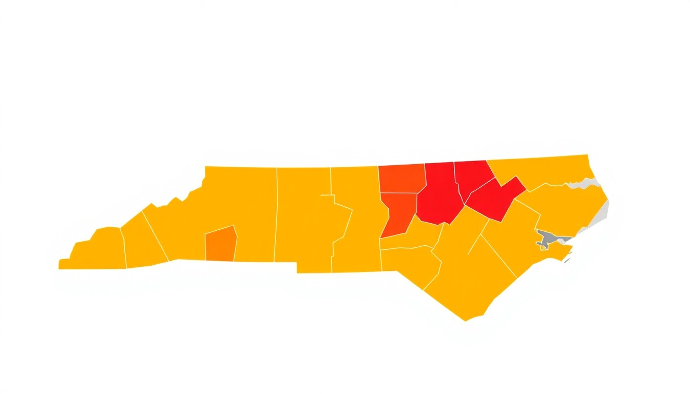 A minimalist geometric illustration using bold shapes and primary colors to conceptually represent the uneven distribution of high-paying service jobs across different regions of North Carolina.
