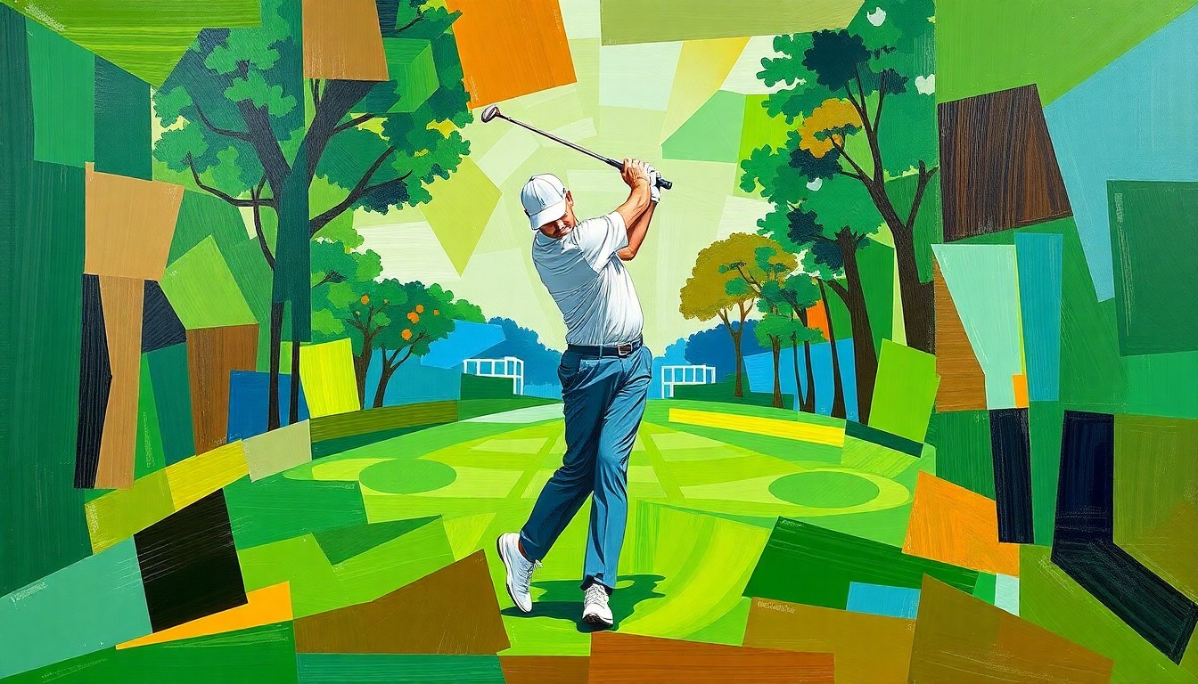 A fragmented, geometric painting depicting the various angles and perspectives of a golfer's swing and movement on the course, rendered in a cubist style with bold, overlapping planes of green, brown, and blue.