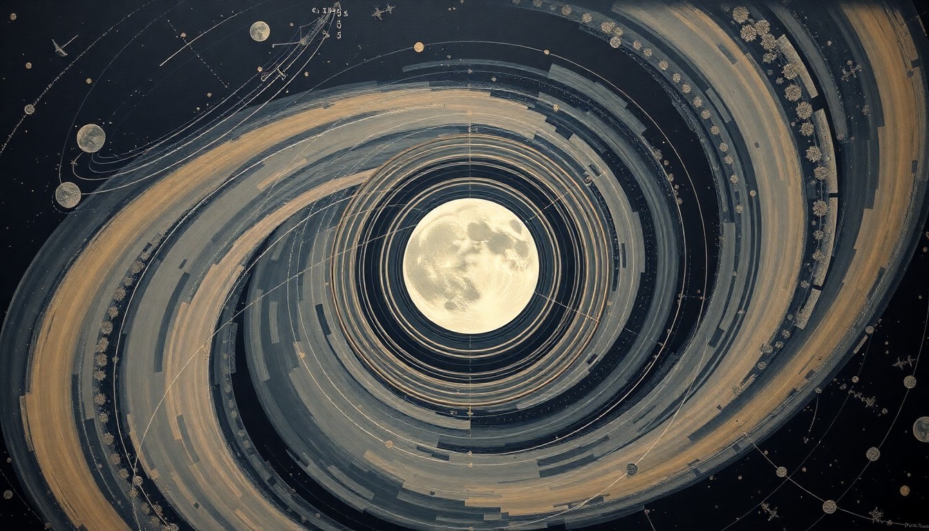 A highly textured, abstract painting in earthy tones featuring sweeping geometric arcs, concentric circles, and precise spirals, conceptually representing the Artemis II mission's groundbreaking journey to the moon and the crew's unprecedented views of the lunar far side.