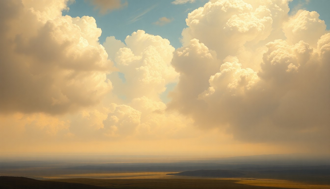 A vast, hazy landscape painting in muted tones of gray, blue, and white, with billowing clouds and a distant horizon line, conveying the overwhelming scale and sublime beauty of the natural world.