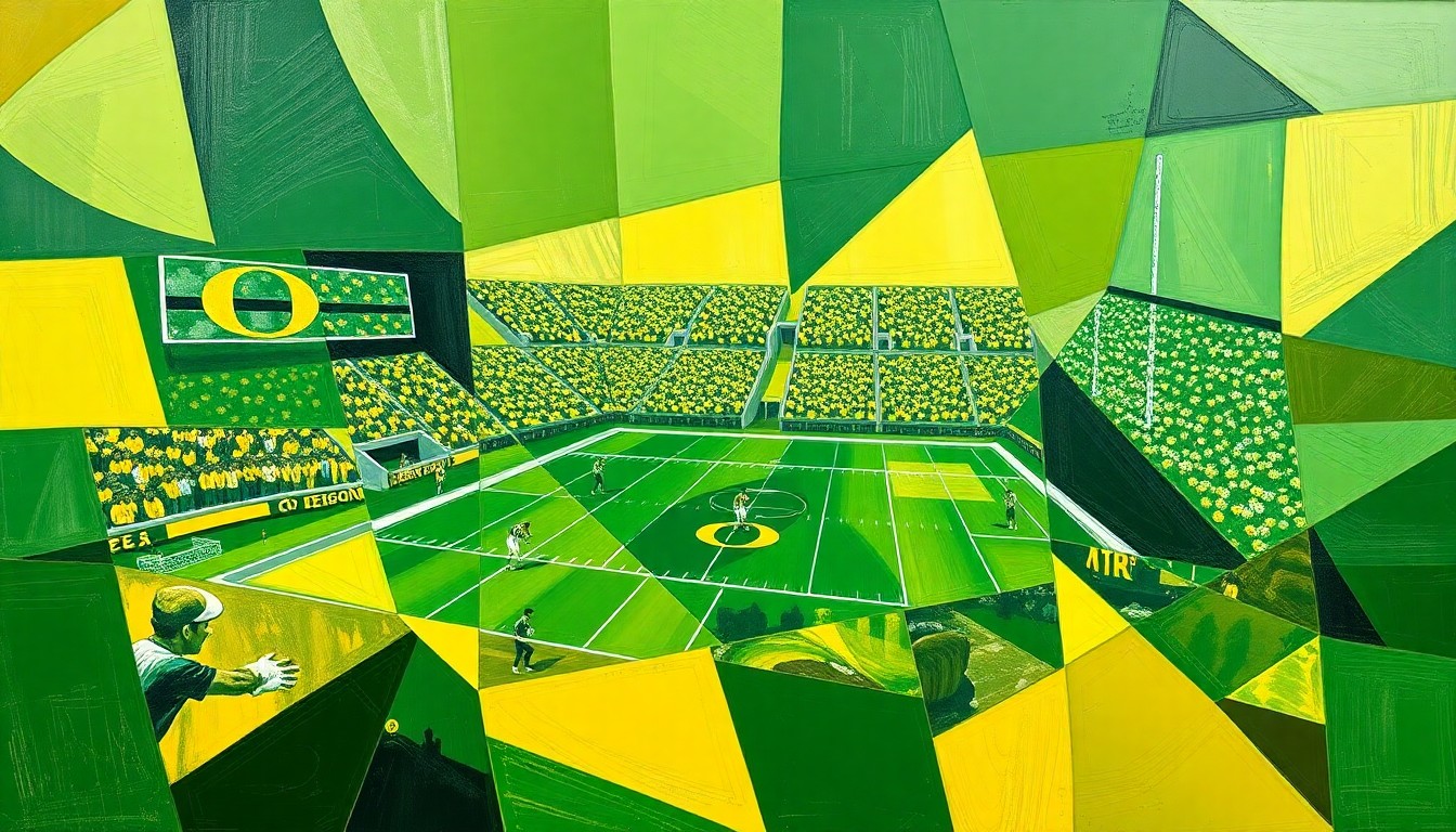 A fragmented, cubist-style painting depicting a football practice or game scene, with sharp geometric shapes and planes in shades of green and yellow representing the energy and movement of the sport.
