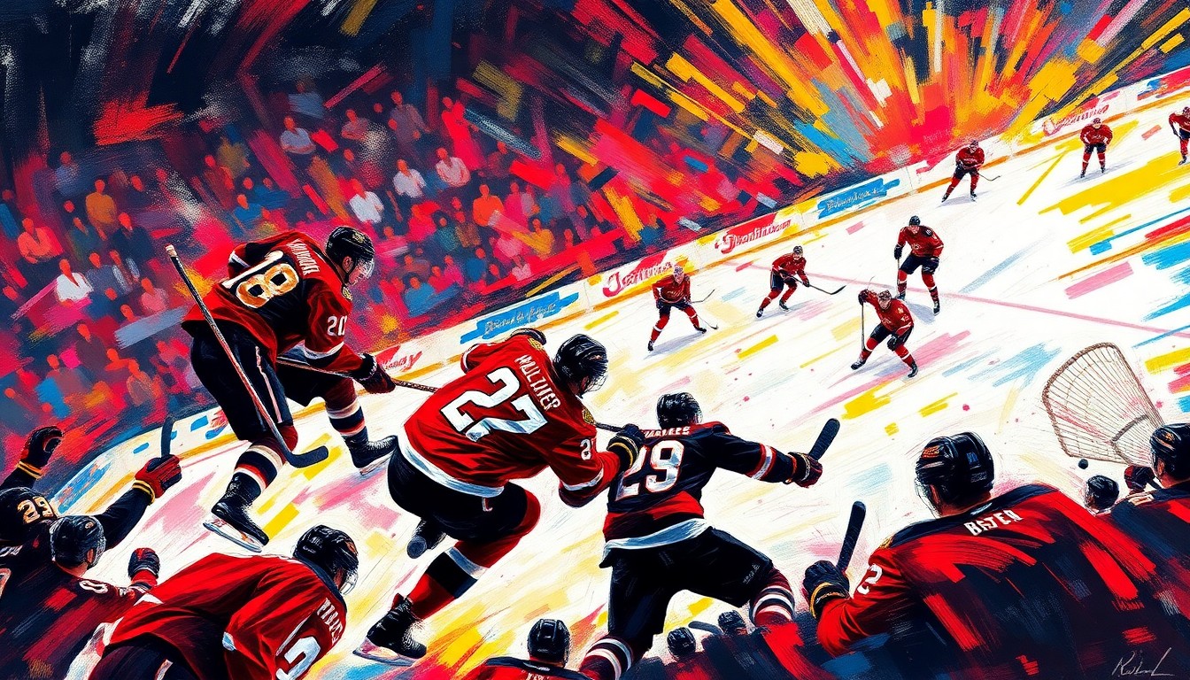 An abstract, energetic painting featuring bold, neon-colored brushstrokes that capture the dynamic movement and scoring action of a hockey game, with players' forms dissolving into the vibrant, expressionistic composition.