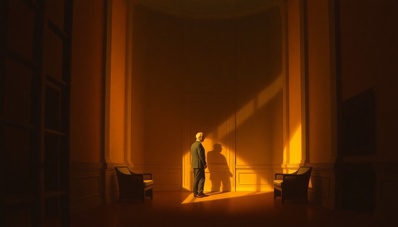 A dimly lit, cinematic painting of an empty government office or hearing room, with warm sunlight streaming through the windows and deep shadows obscuring details, conveying a sense of political tension and diminished decorum.
