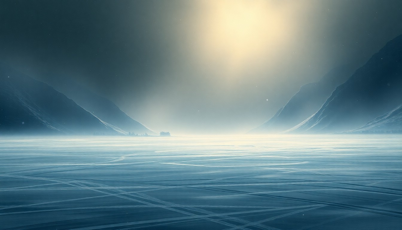 A sweeping, atmospheric landscape painting in muted blues and grays, depicting a vast, snowy expanse with a lone building or structure barely visible in the distance, conveying the overwhelming scale and power of the winter storm.