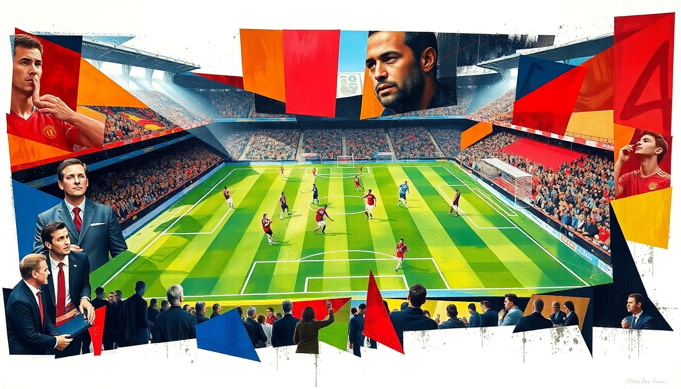 A cubist, geometric painting depicting a Manchester United football match, with the players and field broken down into abstract shapes and colors, capturing the dynamic energy and strategic complexity of the game.