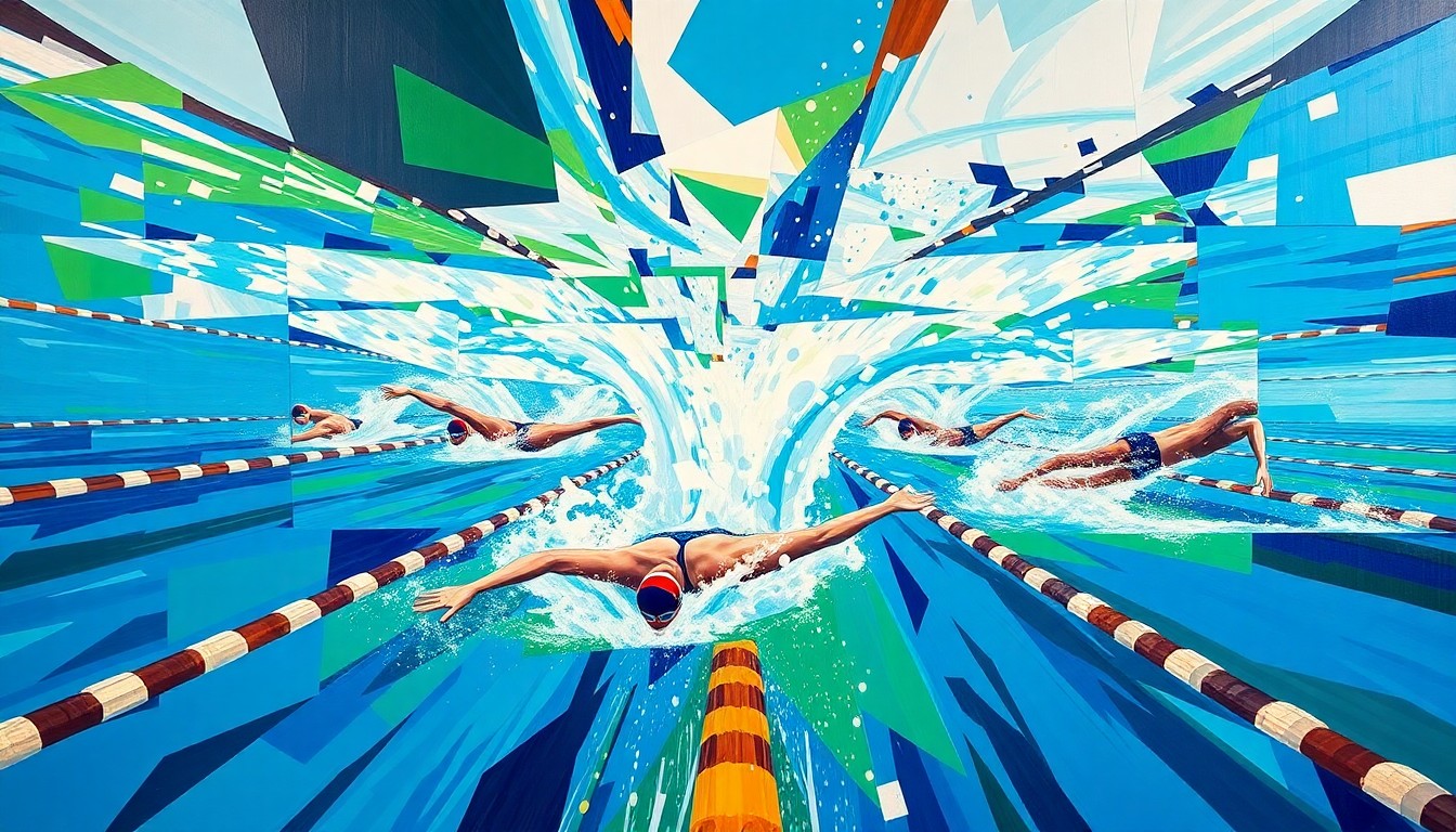 A cubist-style painting depicting a college swimming competition, with overlapping geometric shapes in shades of blue, green, and white representing the water and athletic movements.