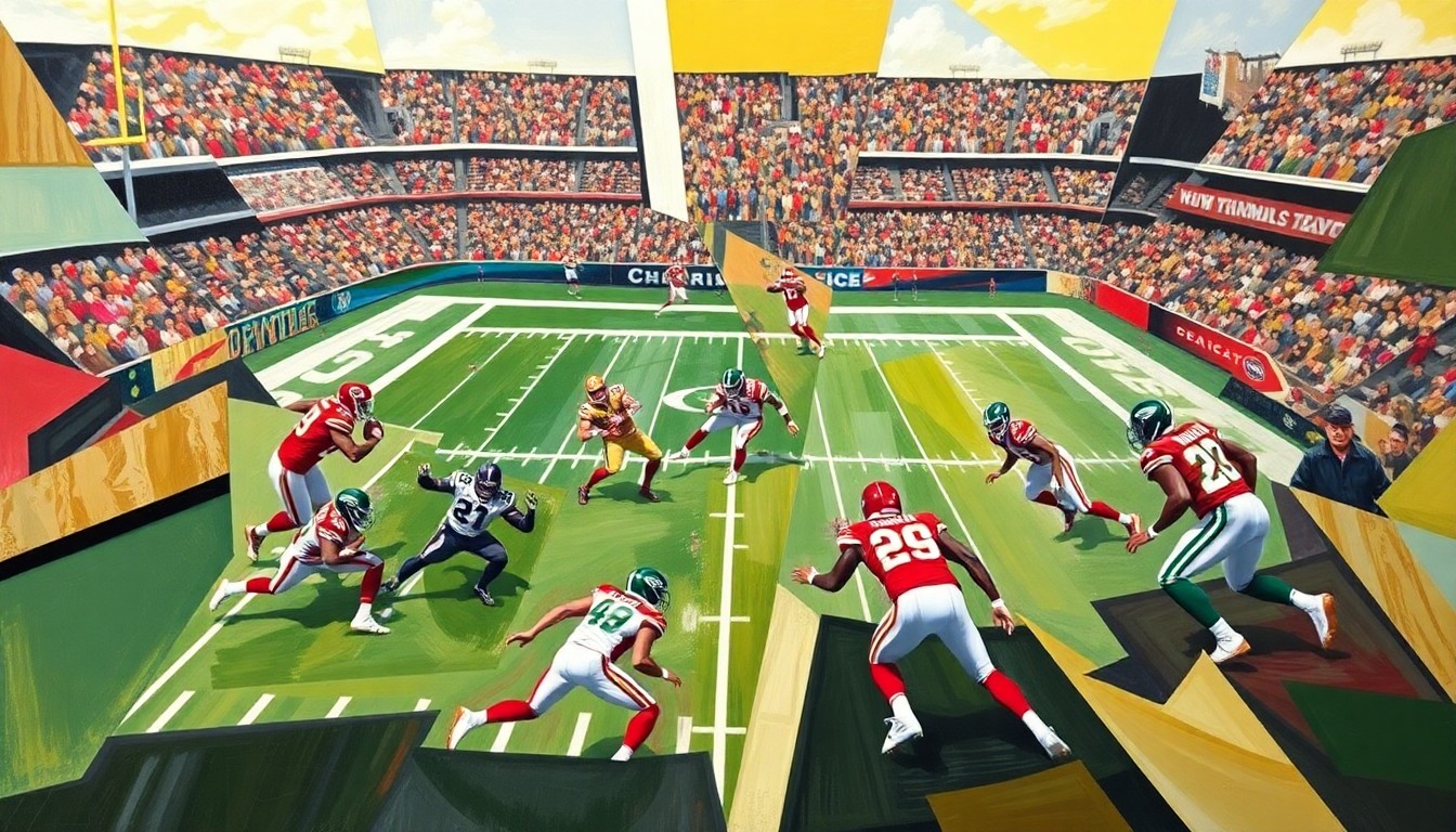 A cubist, geometric painting depicting a football game between the New York Jets and Kansas City Chiefs, with the players and field broken down into abstract shapes and forms, capturing the dynamic energy of the sport.