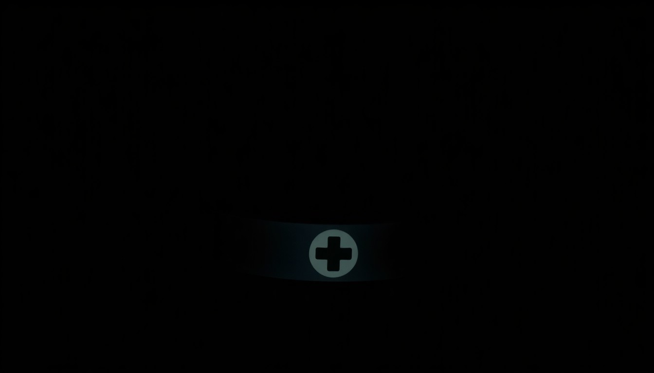An extreme close-up photograph of a hospital bracelet or other small medical object, its textured surface and reflective highlights standing out against a pitch-black background, conceptually representing the urgency of the search for a missing patient.