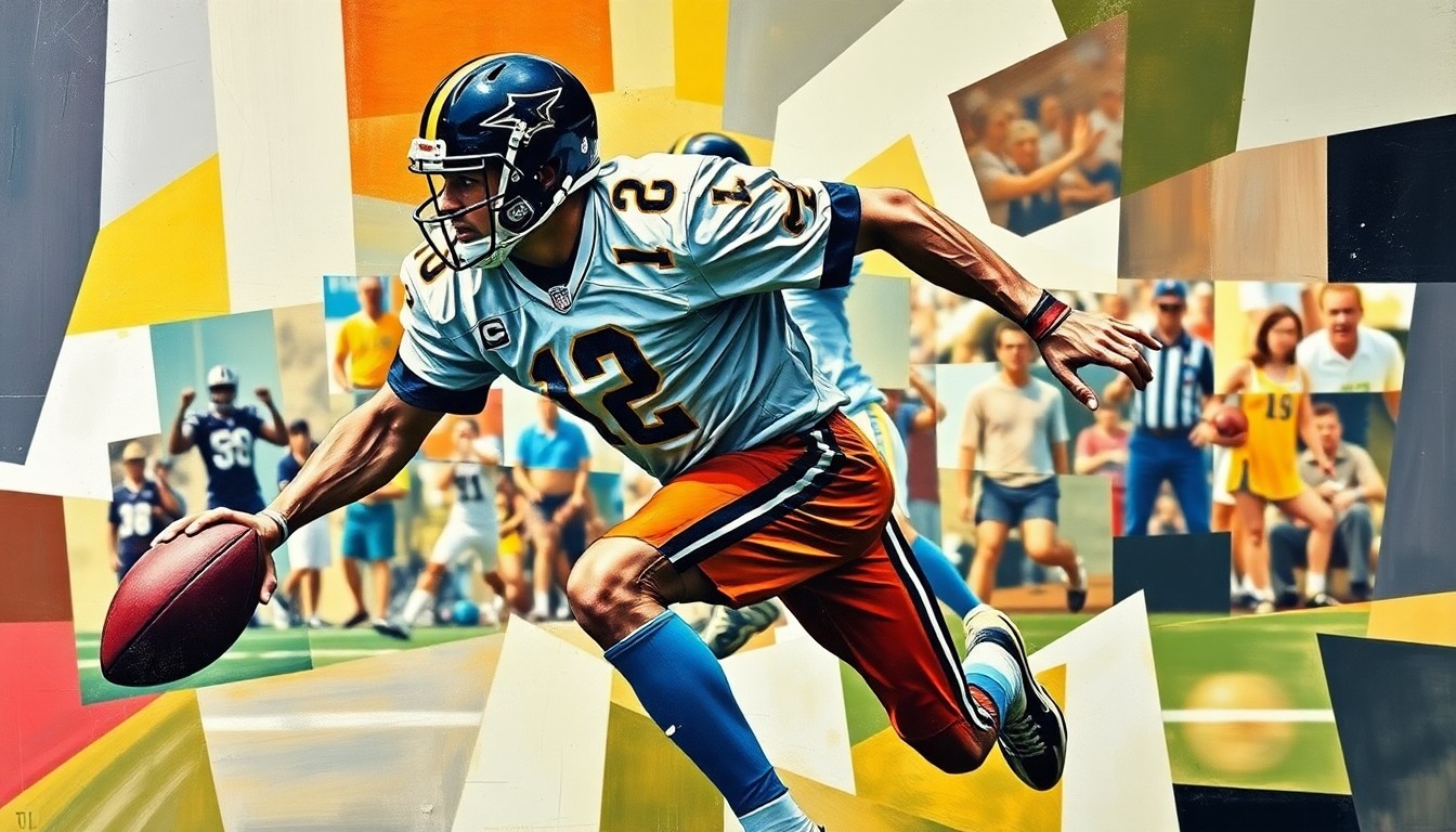 A fragmented, geometric painting depicting a football player in motion, with sharp, overlapping shapes and planes representing the dynamic nature of the sport.
