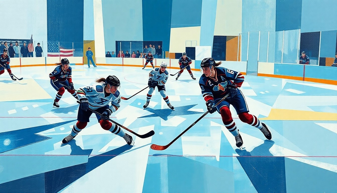 A cubist-style painting depicting a fragmented, geometric representation of a women's hockey game, with overlapping planes of ice, sticks, and players' bodies in motion, capturing the dynamic energy and intensity of the sport.