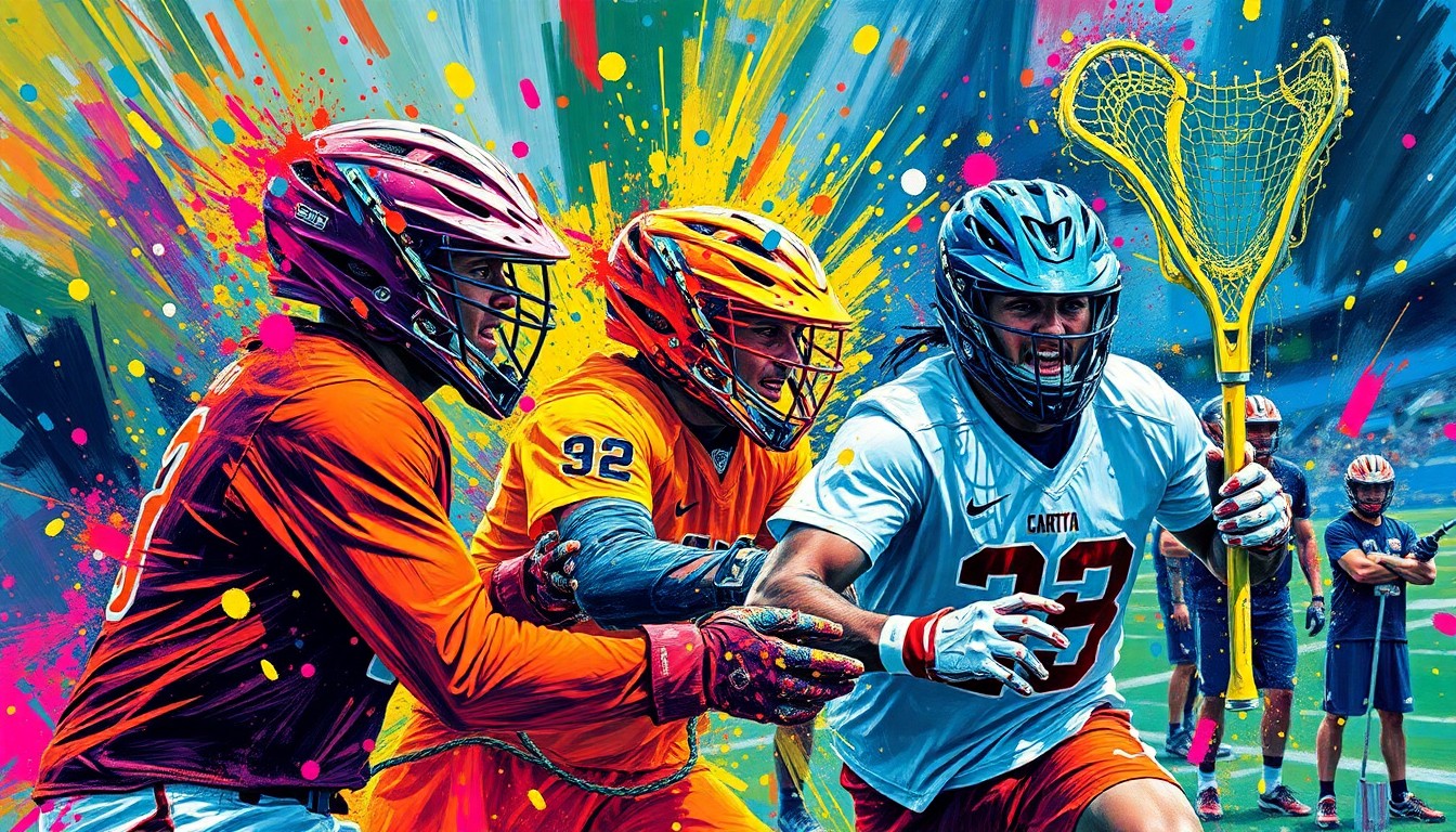 An abstract expressionist painting in neon colors, with rapid brushstrokes capturing the dynamic motion and raw emotion of a lacrosse game, the players' faces and uniforms blending into vibrant, unrecognizable splatters.