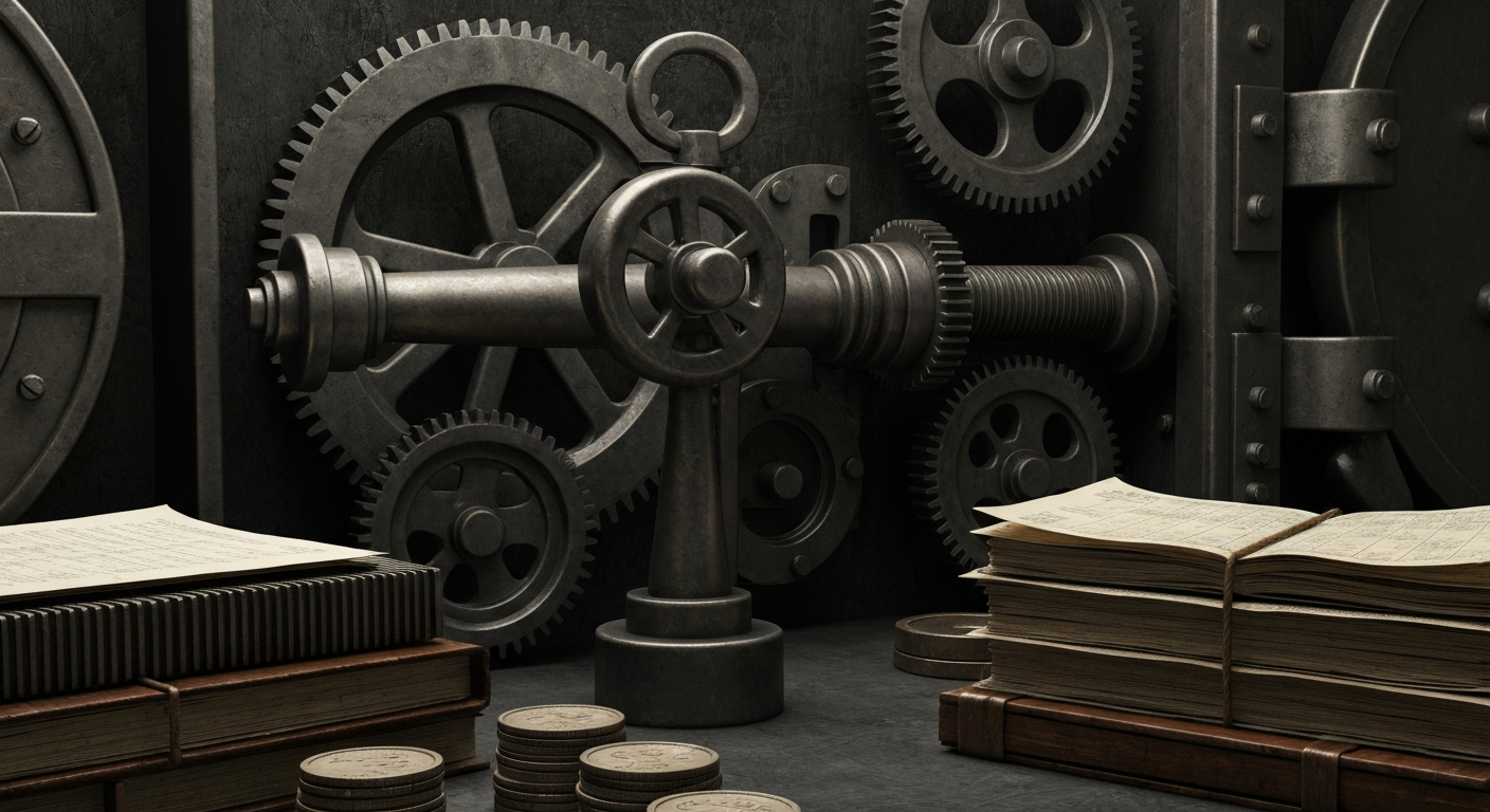 A highly detailed, black and white close-up photograph of the complex mechanical components that make up the infrastructure of the banking industry, conveying a sense of the institutional power and security represented by financial defaults.