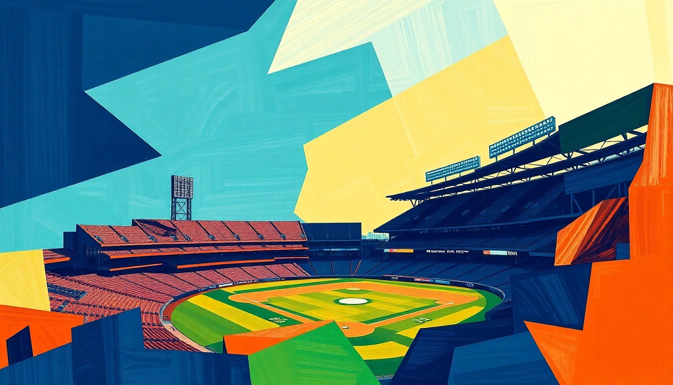 A cubist, multi-perspective painting depicting the geometric shapes and planes of a baseball stadium, rendered in a vibrant color palette of navy, green, and orange, conceptually representing the innovative design of CarMax Park.