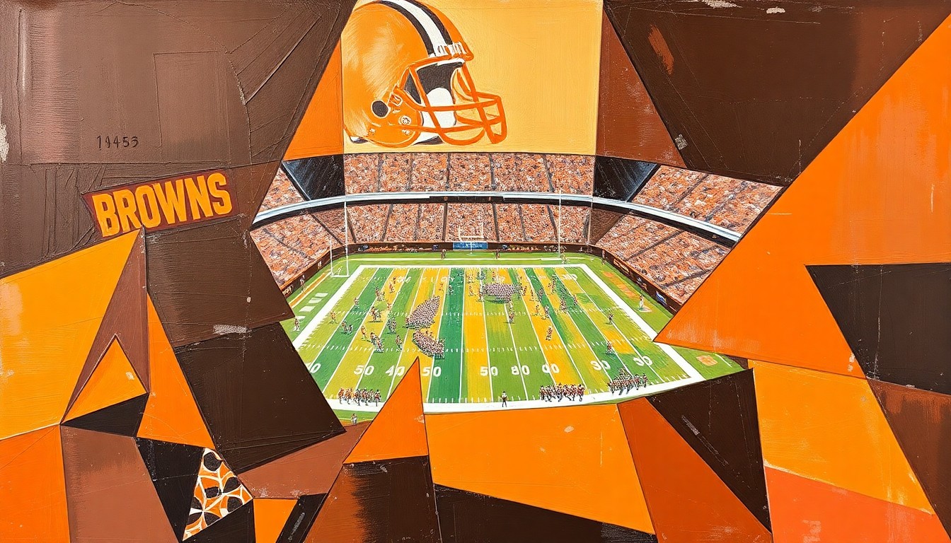 A fragmented, cubist-style painting depicting a Cleveland Browns football game, with the players and field broken down into sharp, overlapping geometric shapes in shades of brown and orange, capturing the dynamic energy and complexity of the team's rebuilding process.