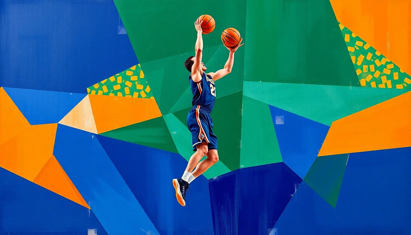 A cubist, geometric painting depicting a college basketball player in mid-motion, their body fractured into sharp, overlapping planes of navy, green, and orange, conveying the dynamic and evolving nature of the modern college sports landscape.