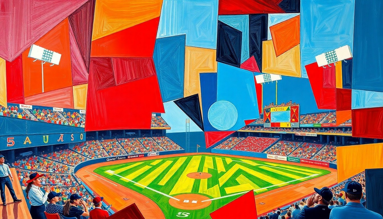 A fragmented, geometric painting in bold colors depicting various baseball elements and movements, conveying the intensity and unpredictability of the sport.