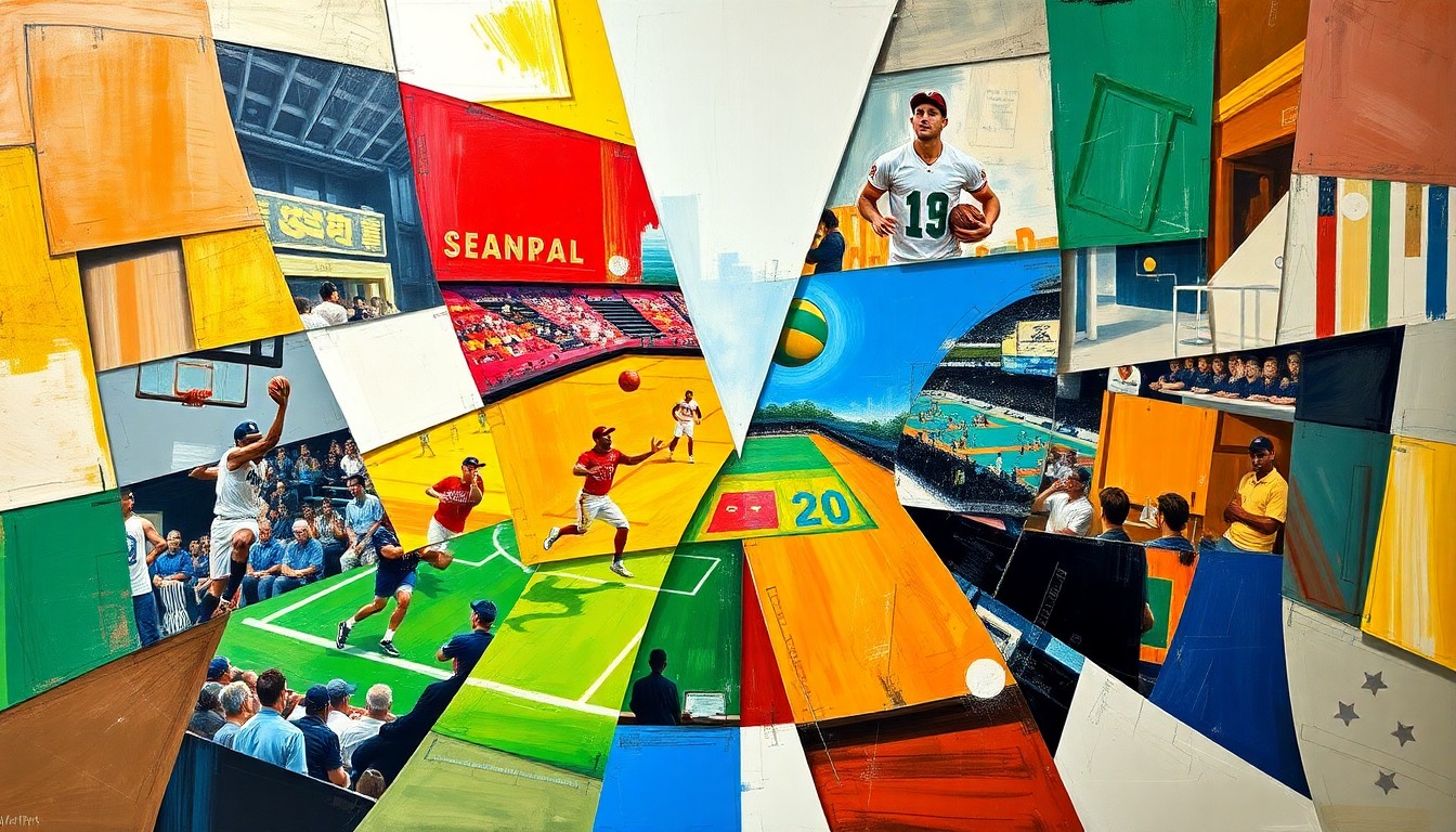 A fragmented, geometric painting depicting various sports scenes, including soccer, golf, and track and field, in a cubist style that emphasizes the dynamic nature of the competitions.