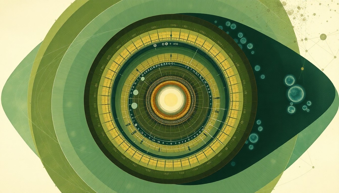 A bold, abstract painting in earthy tones of green, blue, and brown, featuring sweeping geometric arcs, concentric circles, and precise spirals that conceptually represent the complex scientific forces and concepts behind Helion's fusion reactor technology.