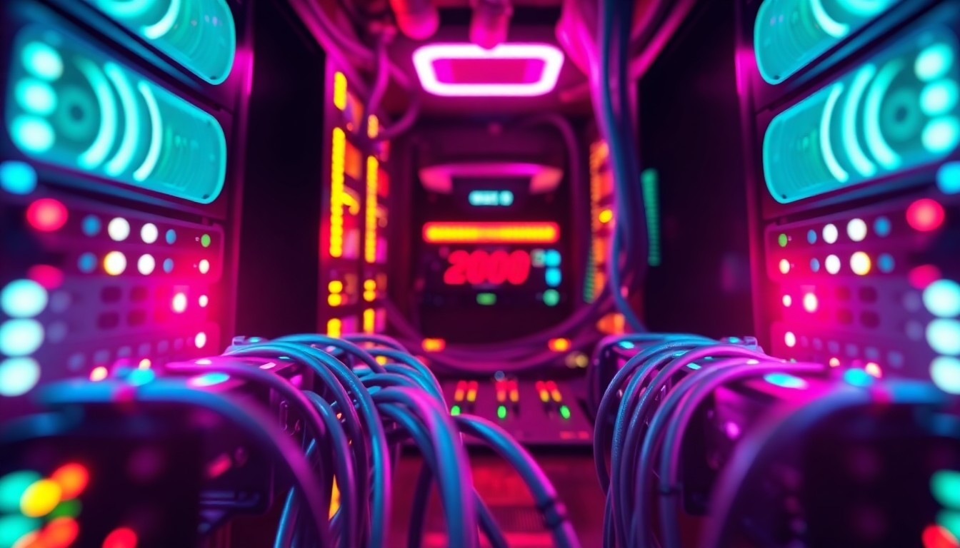 A highly detailed, 3D illustration of glowing gaming hardware components, such as circuit boards, cables, and servers, bathed in a vibrant neon cyan and magenta color palette, conveying the intricate technological underpinnings of the gaming industry and the need for careful updates to maintain player satisfaction.