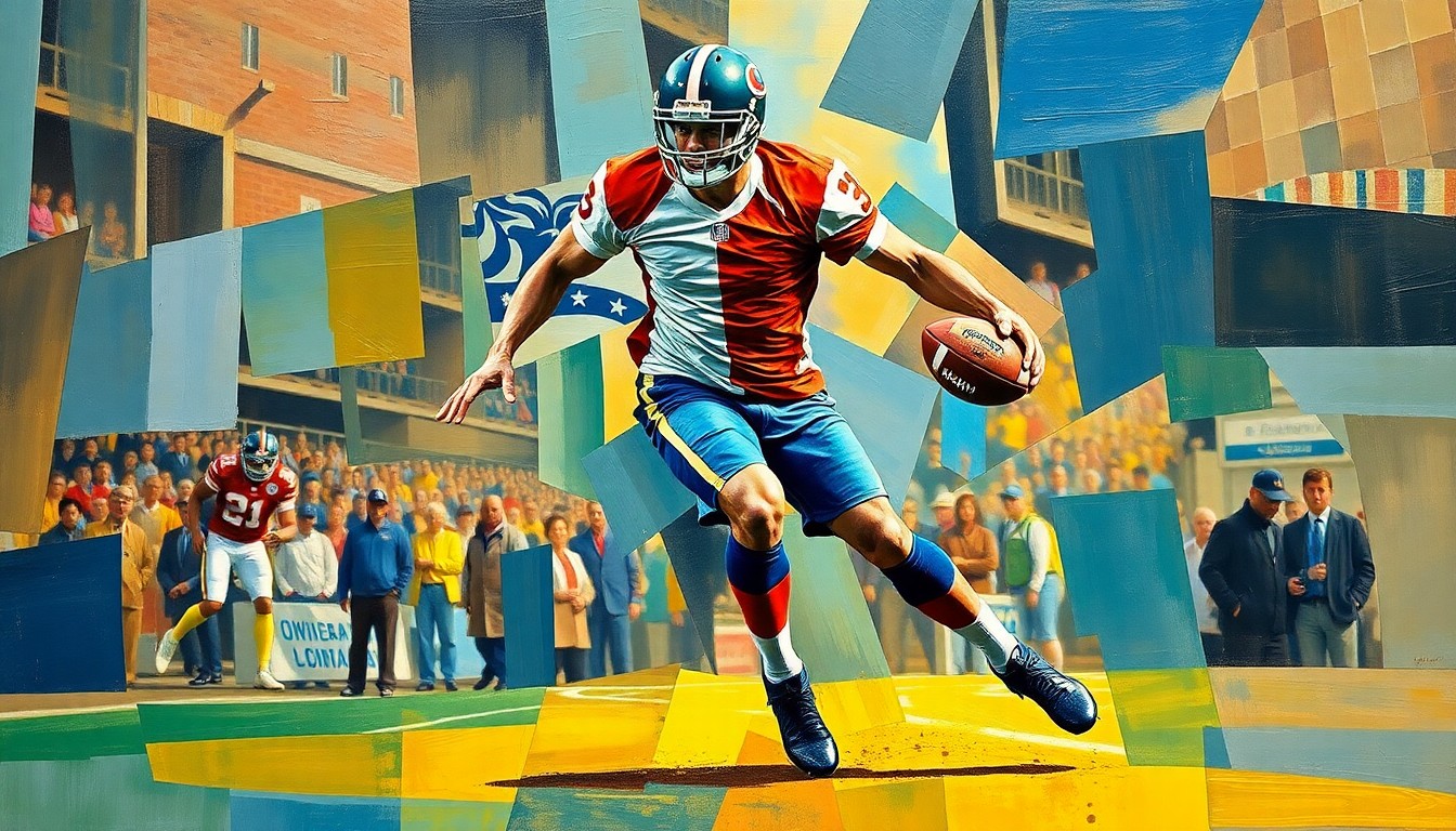 A cubist-style painting depicting a football player in action, with their body broken down into sharp, geometric shapes and planes of color, conveying the fragmented and uncertain nature of the Steelers' tackle position.