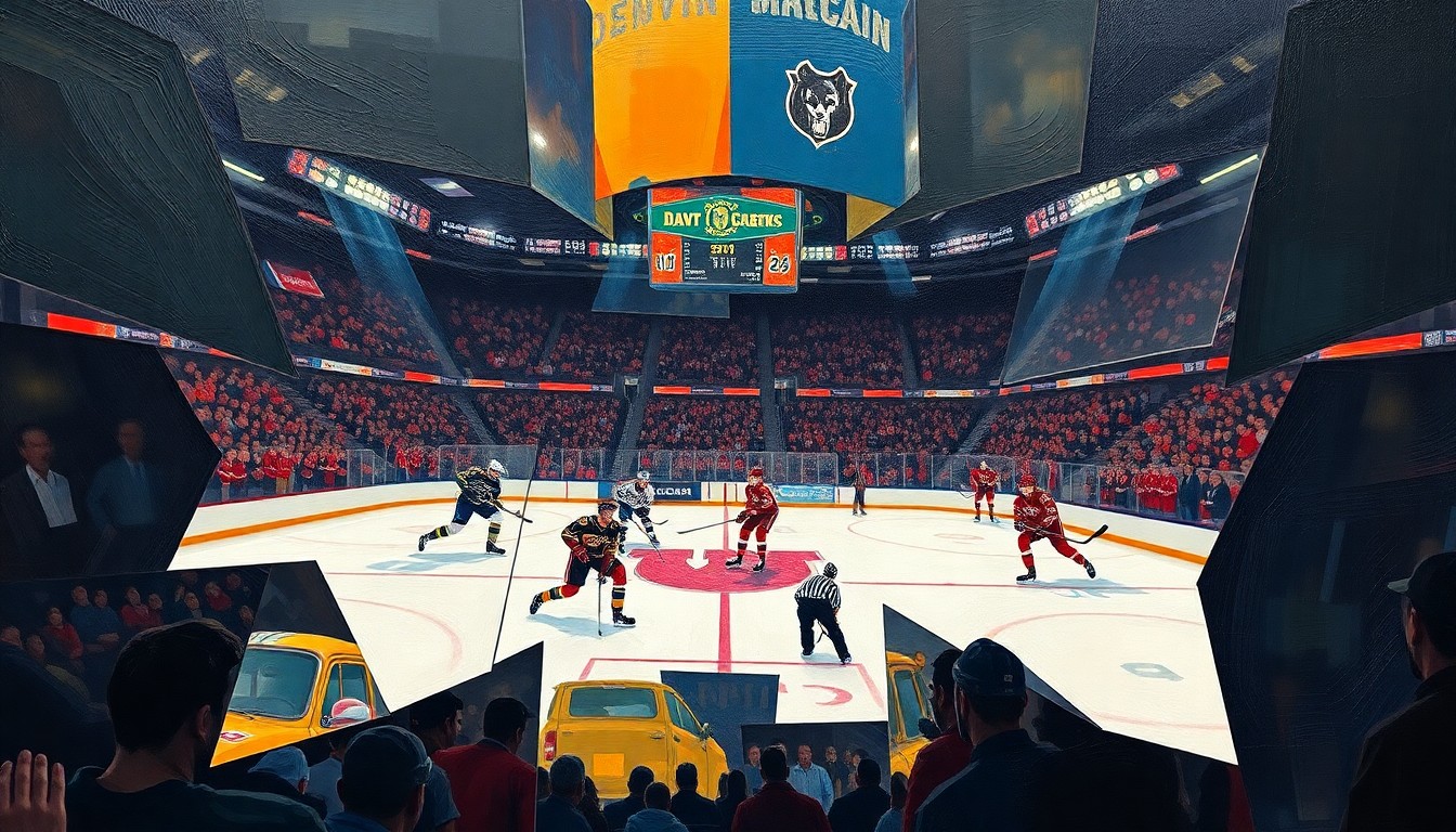 A fractured, geometric painting depicting a hockey game with players, puck, and arena elements broken down into sharp, overlapping planes of color, conceptually representing the intensity and drama of the NCAA hockey championship.