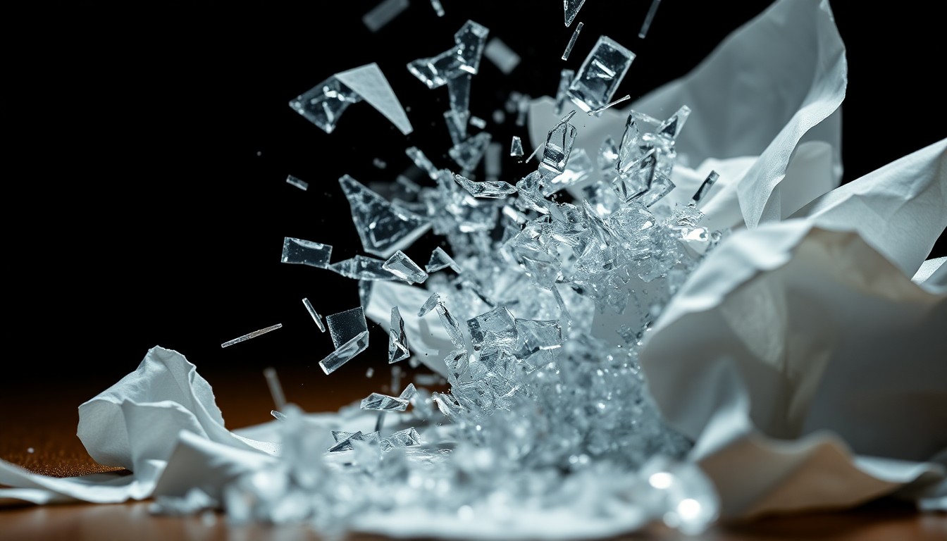 An extreme close-up photograph of shattered glass and crumpled paper, capturing the emotional turmoil and fragility of celebrity relationships.